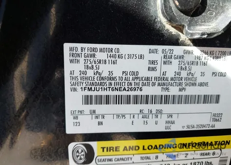 2022 Ford Expedition Xlt z USA, uszkodzony, nr VIN 1FMJU1HT6NEA26976